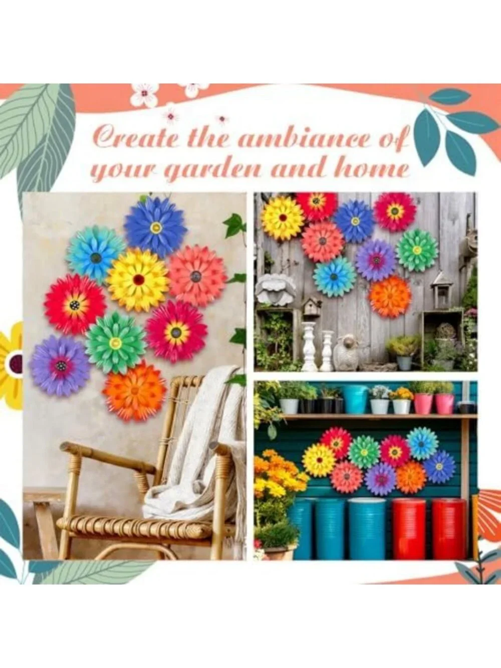 9-Piece Metal Flower Wall Art Set - Vibrant Colors, 8-Inch Decorative Home Decor